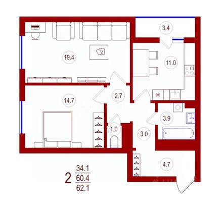 Продажа 2-комнатной квартиры 62,1 м², 2/17 этаж