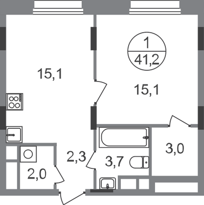 41,2 м², 1-комн. квартира, 4/9 этаж