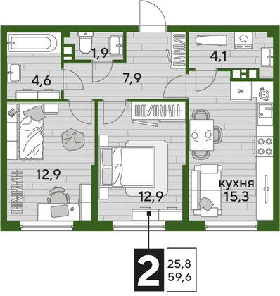 Продажа 2-комнатной квартиры 59,6 м², 3/16 этаж