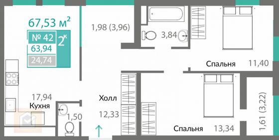 Продажа 2-комнатной квартиры 63,9 м², 7/10 этаж