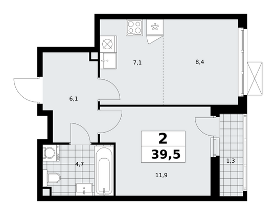 39,5 м², 2-комн. квартира, 2/12 этаж