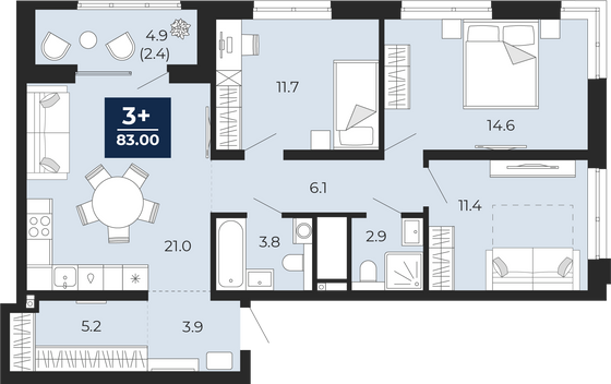 83 м², 3-комн. квартира, 9/26 этаж