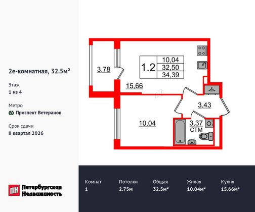 Продажа 1-комнатной квартиры 32,5 м², 1/4 этаж