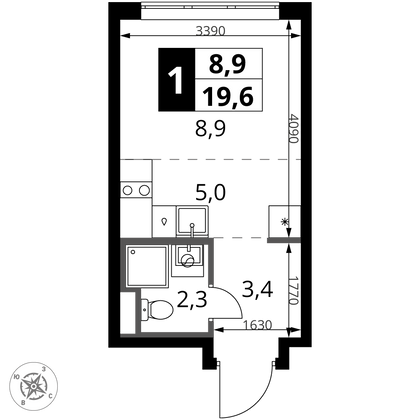 19,6 м², 1-комн. квартира, 2/24 этаж