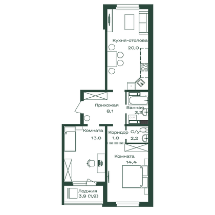 65,5 м², 2-комн. квартира, 3/8 этаж