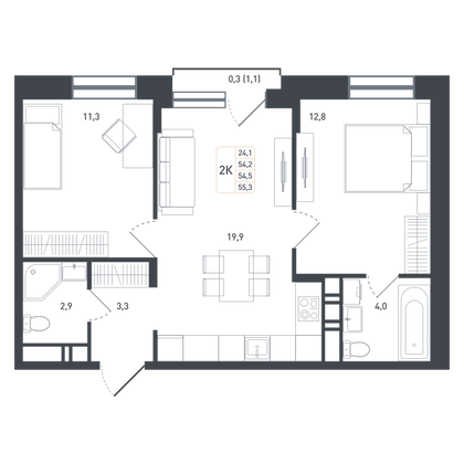 54,5 м², 2-комн. квартира, 7/8 этаж