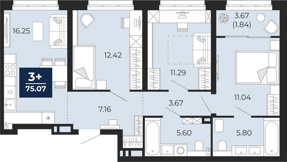 75,1 м², 3-комн. квартира, 2/22 этаж