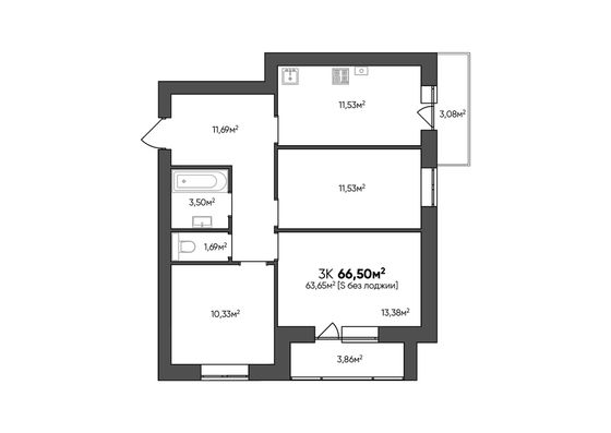 Продажа 3-комнатной квартиры 66,5 м², 3/4 этаж