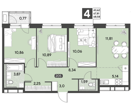 Продажа 4-комнатной квартиры 68,6 м², 3/25 этаж