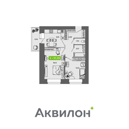 51,1 м², 2-комн. квартира, 6/9 этаж