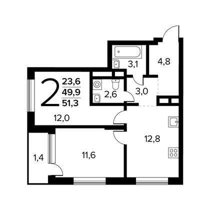 Продажа 2-комнатной квартиры 51,3 м², 2/14 этаж