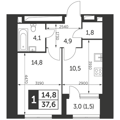 37,6 м², 1-комн. квартира, 13/47 этаж