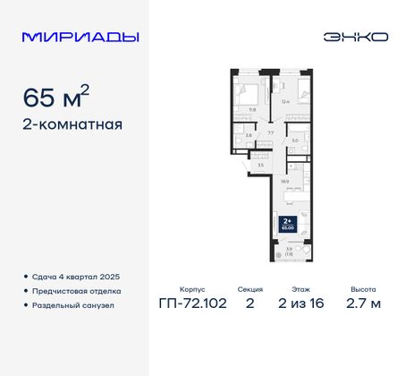 65 м², 2-комн. квартира, 2/16 этаж