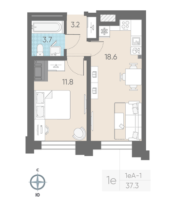 Продажа 1-комнатной квартиры 37,3 м², 5/11 этаж