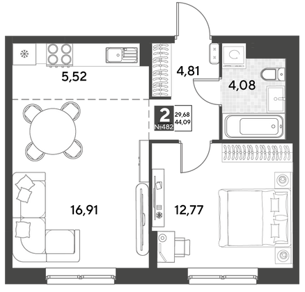 Продажа 2-комнатной квартиры 44,1 м², 14/21 этаж