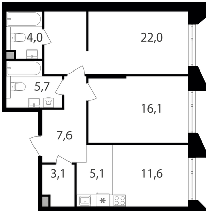 75,2 м², 2-комн. квартира, 2/19 этаж