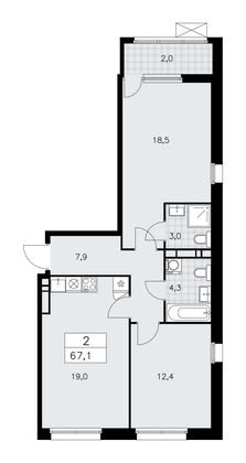 67,1 м², своб. планировка, 12/12 этаж