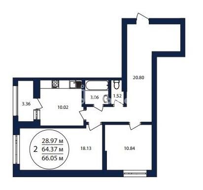 Продажа 2-комнатной квартиры 66,1 м², 11/25 этаж