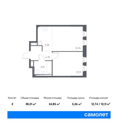 38,2 м², 1-комн. квартира, 3/12 этаж