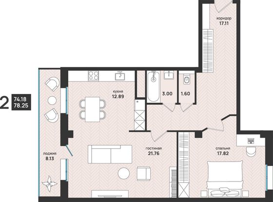 78,3 м², 2-комн. квартира, 5/13 этаж