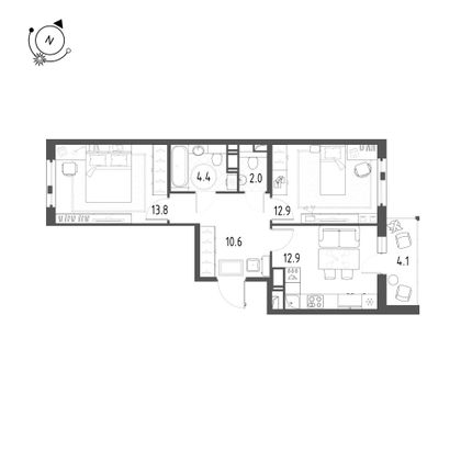 58,7 м², 2-комн. квартира, 5/12 этаж