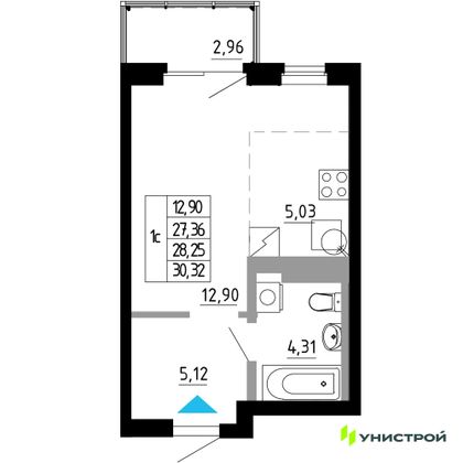 28,3 м², 1-комн. квартира, 13/27 этаж