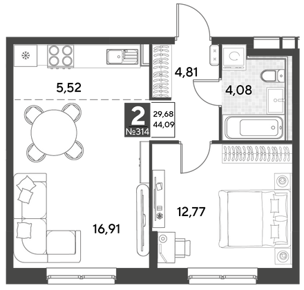 Продажа 2-комнатной квартиры 44,1 м², 17/25 этаж