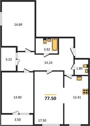 Продажа 3-комнатной квартиры 77,5 м², 9/16 этаж