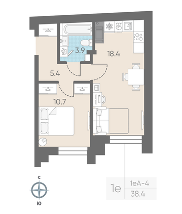 Продажа 1-комнатной квартиры 38,4 м², 3/11 этаж