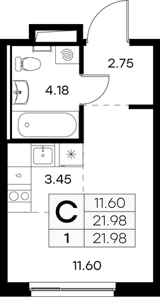 22 м², студия, 1/9 этаж