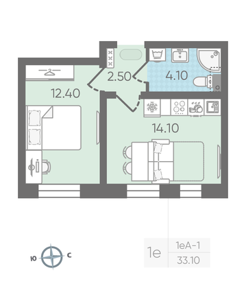 Продажа 1-комнатной квартиры 33,1 м², 2/16 этаж