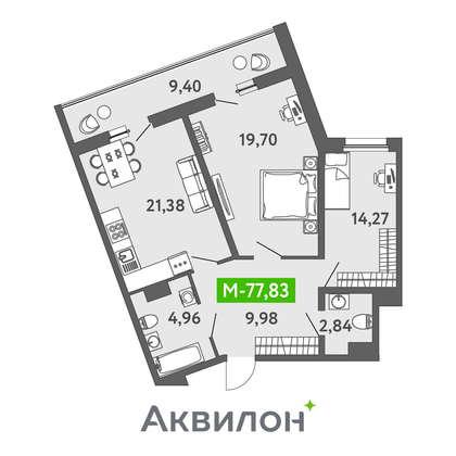 77,7 м², 2-комн. квартира, 3/13 этаж