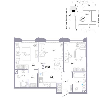 60,2 м², 3-комн. квартира, 21/30 этаж