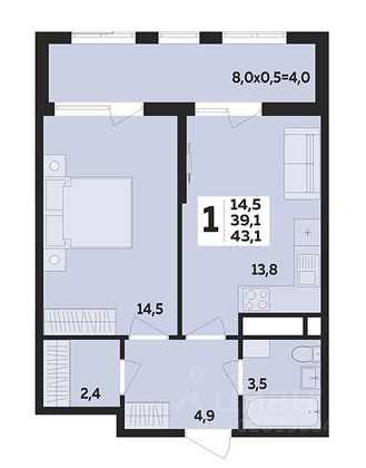 Продажа 1-комнатной квартиры 43,1 м², 14/16 этаж
