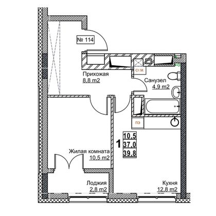 Продажа 1-комнатной квартиры 39,8 м², 14/24 этаж