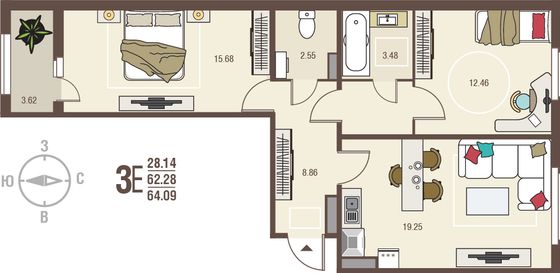 64,1 м², 2-комн. квартира, 3/17 этаж