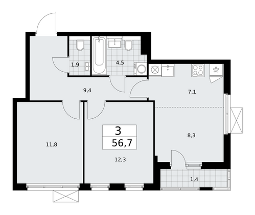 56,7 м², 3-комн. квартира, 3/17 этаж