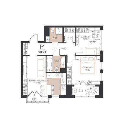 58,9 м², 2-комн. квартира, 5/5 этаж