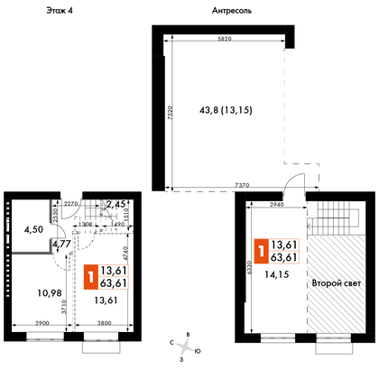 63,6 м², 1-комн. квартира, 4/4 этаж