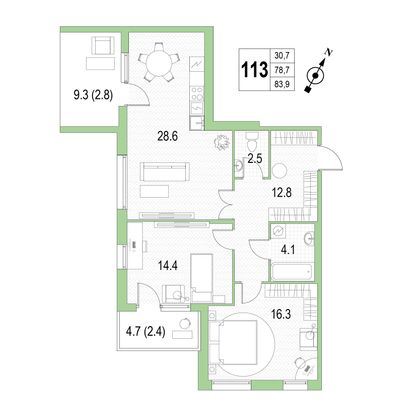 Продажа 2-комнатной квартиры 83,9 м², 2/4 этаж