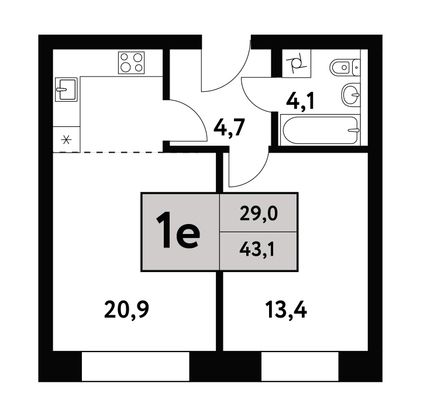 43,1 м², 2-комн. квартира, 7/35 этаж