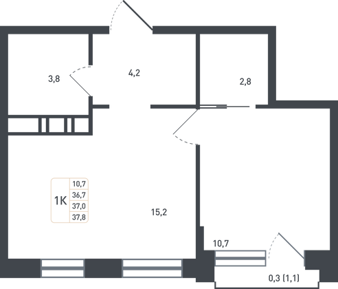 37 м², 1-комн. квартира, 7/8 этаж