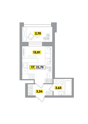 Продажа квартиры-студии 22,7 м², 6 этаж