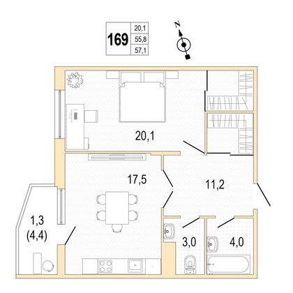 Продажа 1-комнатной квартиры 57,3 м², 5/8 этаж