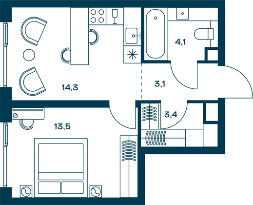 38,4 м², 1-комн. квартира, 2/29 этаж