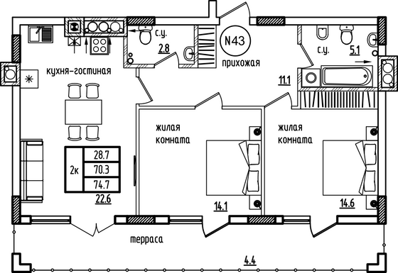 85,3 м², 2-комн. квартира, 9/9 этаж