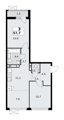 57,7 м², 3-комн. квартира, 10/14 этаж