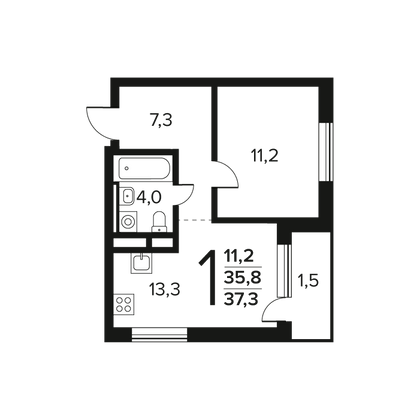 Продажа 1-комнатной квартиры 37,3 м², 3/12 этаж