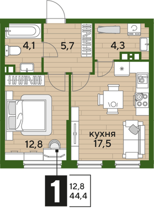 Продажа 1-комнатной квартиры 44,4 м², 5/16 этаж