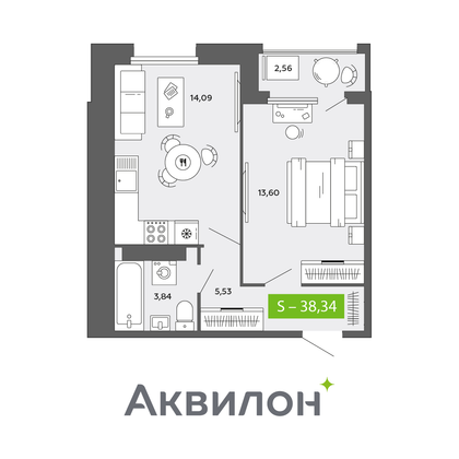 38,3 м², 1-комн. квартира, 14/16 этаж